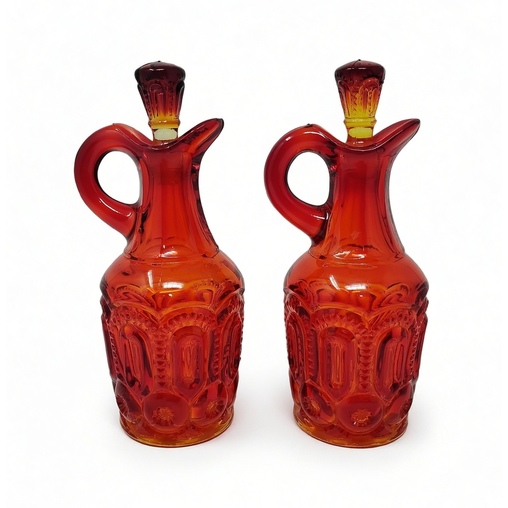 L.E. Smith Amberina Moon and Stars Glass Cruets Set Mid Century Style Decor Pair